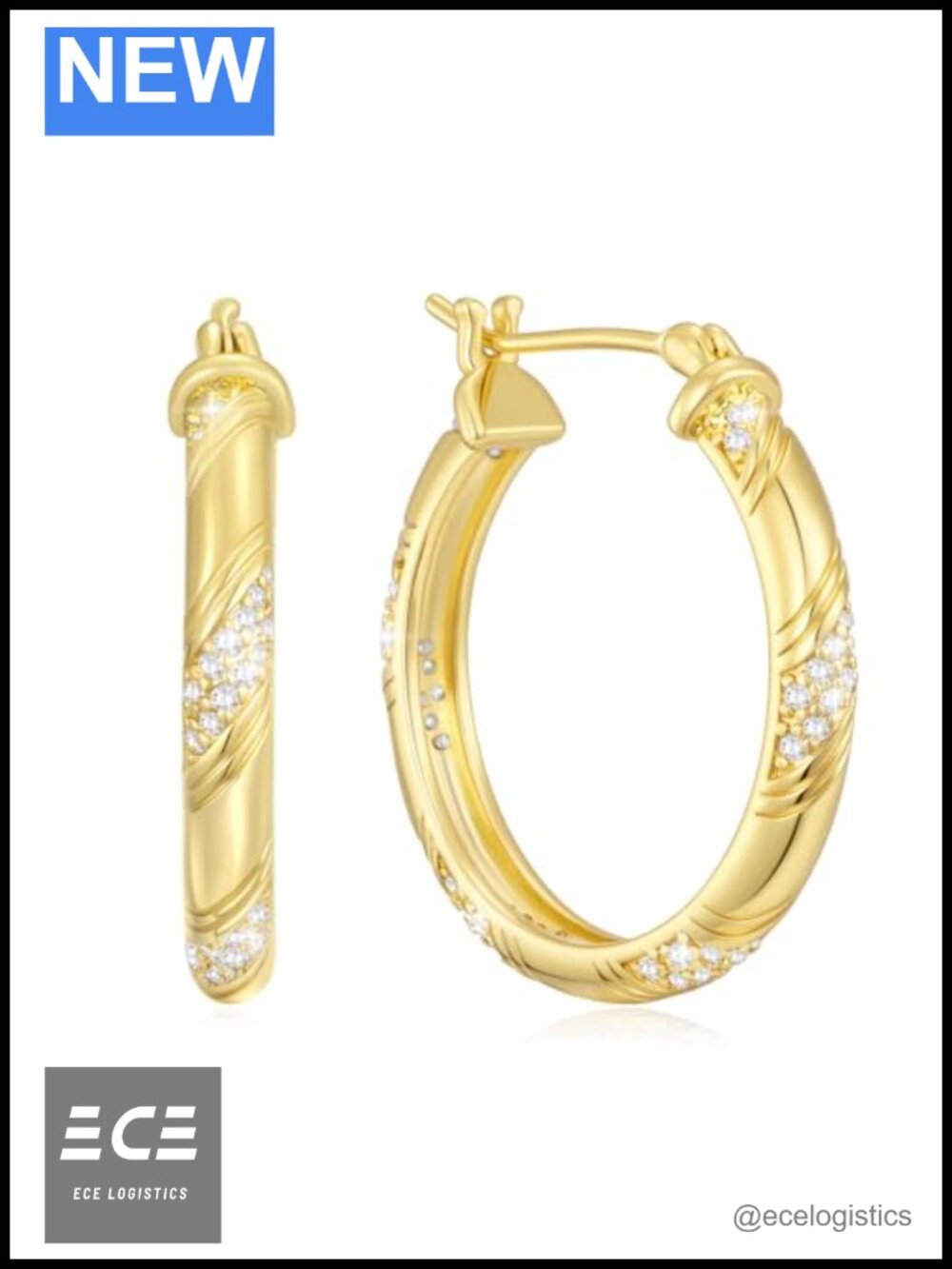 14K Gold Plated Hoop Earrings with Cubic Zirconia and Latch Back